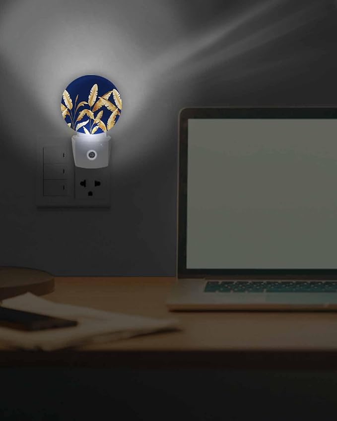 Night Lights Auto Sensor Golden Foliage Night Light Navy Blue Minimalist Leaf Round Lamp Plug-in LED Nightlights Dusk to Dawn for Living Room Bedroom Bathroom Hallway Wall Decor