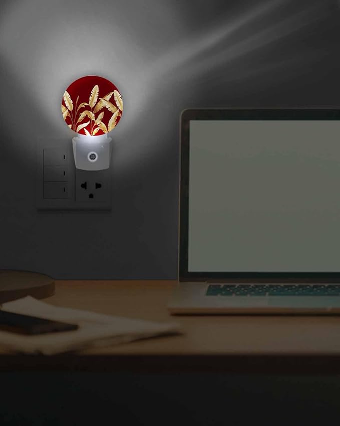 Night Lights Auto Sensor Golden Foliage Night Light Red Minimalist Leaf Round Lamp Plug-in LED Nightlights Dusk to Dawn for Living Room Bedroom Bathroom Hallway Wall Decor