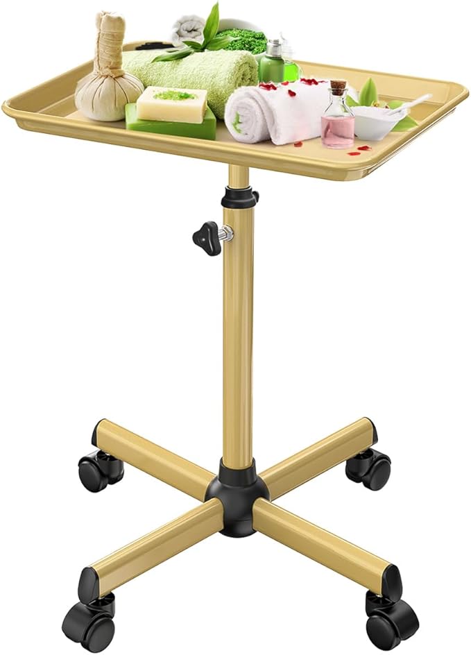 Salon Tray Cart Tattoo Tray Rolling Cart, Service Rolling Tray, Height Adjustable Styling Tray, Storage Tray Trolley for Beauty Salon Clinic Spa (Champagne Gold)