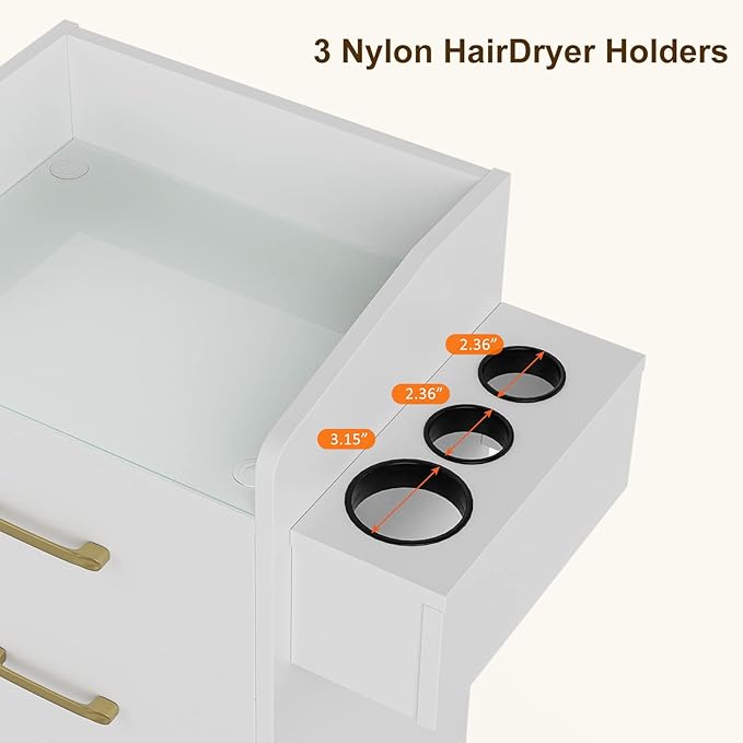 Paddie Beauty Salon Storage Trolley Cart, Glass Top Hair Station Cabinet with Dryer Holder, Lockable Rolling Wheels, Drawer - White
