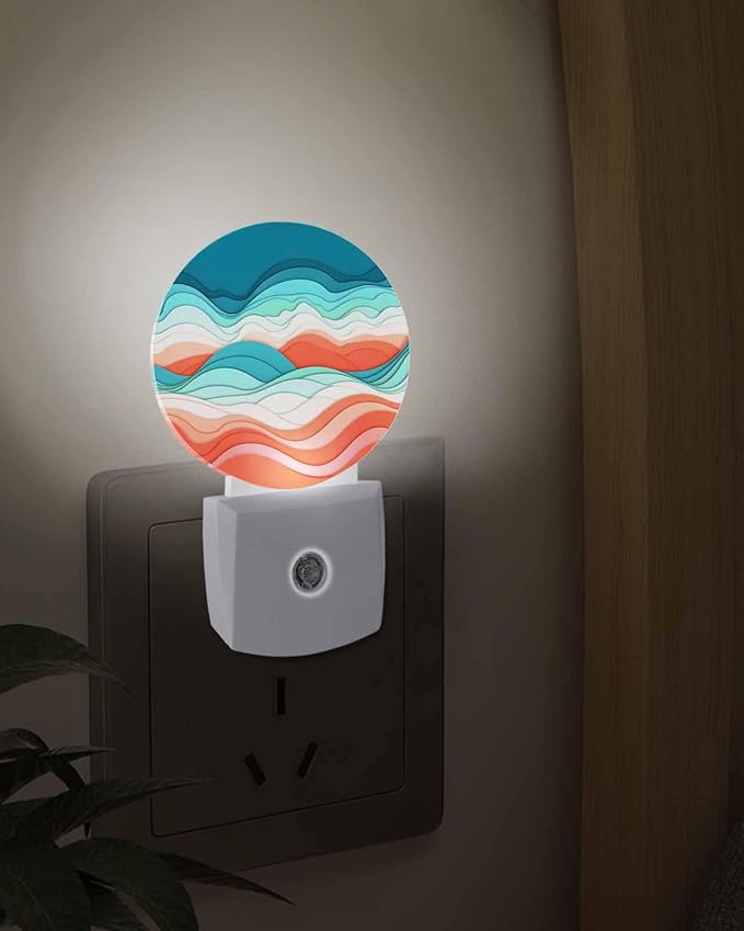 Night Lights Auto Sensor Ombre Turquoise Pink Night Light Abstract Mountain Waves Lines Round Lamp Plug-in LED Nightlights Dusk to Dawn for Living Room Bedroom Bathroom Hallway Wall Decor