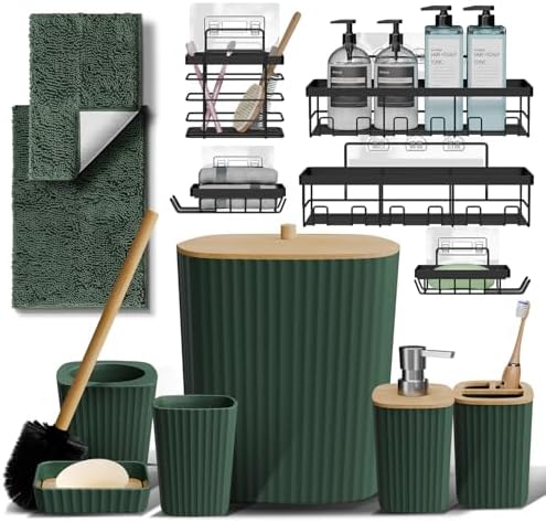 Clara Clark Bathroom Set - Hunter Green Bathroom Accessories Set, 6PC Bathroom Accessory Set, Bathroom Sets with Bathroom Rugs, Adhesive Corner Shower Caddy Hanging, Toilet Brush & Trash Can by ClaraClark