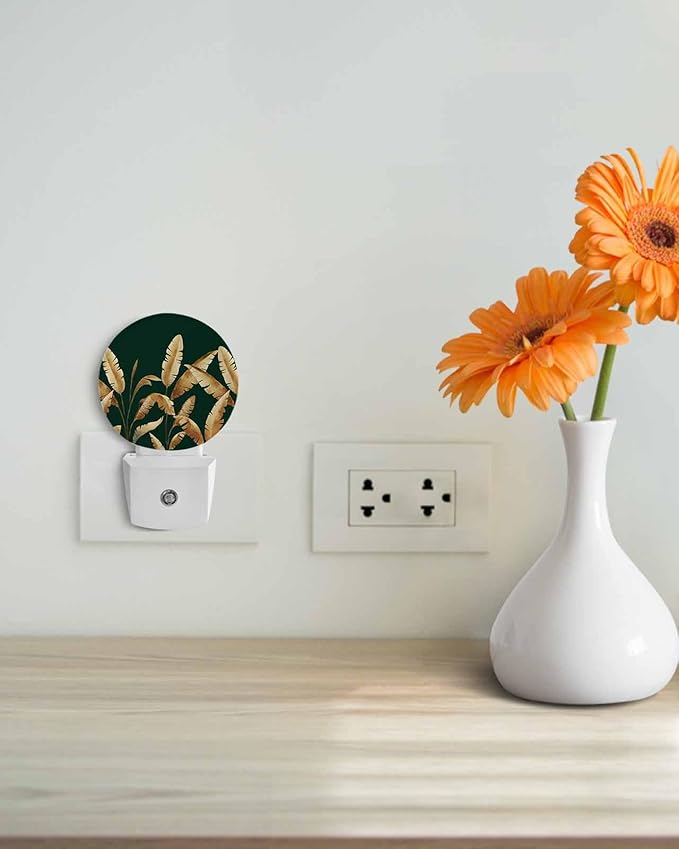 Night Lights Auto Sensor Golden Foliage Night Light Green Minimalist Leaf Round Lamp Plug-in LED Nightlights Dusk to Dawn for Living Room Bedroom Bathroom Hallway Wall Decor