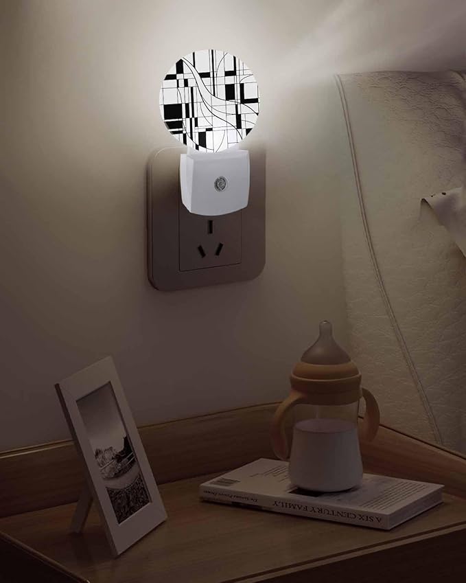 Night Lights Auto Sensor White Lines Night Light Modern Abstract Art Round Lamp Plug-in LED Nightlights Dusk to Dawn for Living Room Bedroom Bathroom Hallway Wall Decor