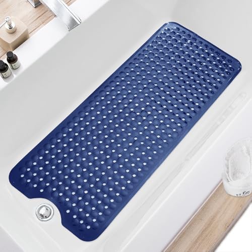 TEESHLY Bath Tub and Shower Mats, Non Slip 40 x 16 Inch Extra Large Bathtub Mat, Machine Washable Bathmat with Drain Holes, Suction Cups for Bathroom Floor, Navy Blue by TEESHLY
