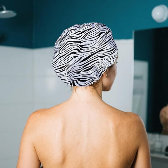 Vintage Zebra Print Shower Cap for Women Reusable Waterproof Large Adjustable Cute Shower Caps for Women Washable Elastic Womens Big Bathing Cap for Long Short Hair Zebra Print Bath Caps for Washing