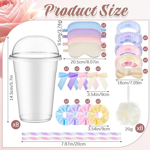Nitial 56 Pcs Spa Party Supplies Including Spa Headband Sleep Eye Mask Velvet Scrunchies Bath Loofah Sponges Plastic Cup with Lids Straws for Sleepover Slumber Party Gift (Pink Purple Blue Yellow) - Image 2