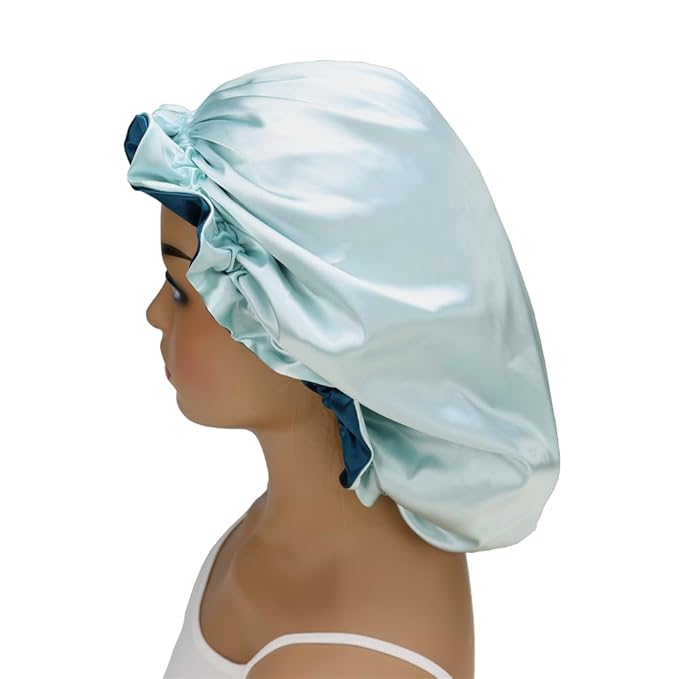 Adjustable Silk Satin Bonnet Hair Care Caps for Women Girls Loose-fitting Reversible Sleeping Cap Shower Caps Hair Wrap Bonnets (005 Peafowl/Aqua)