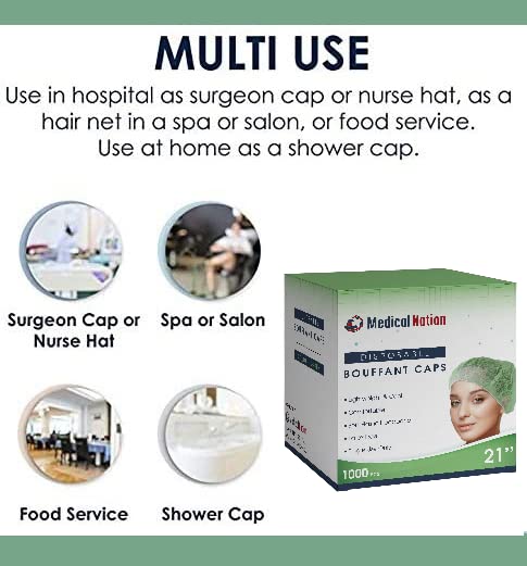 Medical Nation 21" Disposable Bouffant Caps Hair Net | CASE OF 1000, Green | Hairnets, Non-Pleated Head Hair Covers |For Medical, Labs, Nurse, Tattoo, Food Service, Hospital, Cooking - Size 21" Green