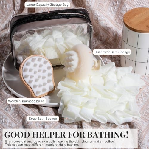 Bath Tools Set, 5 PCS Loofah Washcloth Combo 2-in-1, Suction Cup Bath Ball，Silicone Body Bath Brush with Waterproof Cosmetic Bag, for Body Wash and Smooth Skin - Image 7