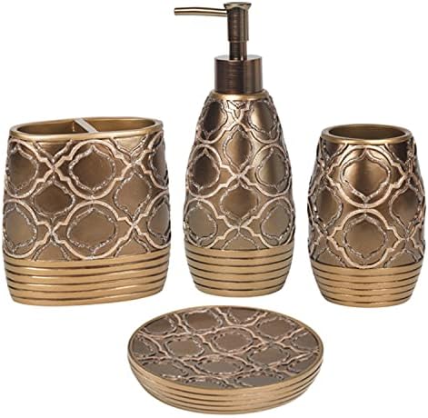 Zahari Home 4pc Spindle Stylish Bathroom Accessories Set Bathroom Soap Dispenser, Tumbler, Tooth Brush Holder and Soap Dish Modern Classic Luxury Contemporary Decor Unique Design Modern Bath Set by ZahariHome