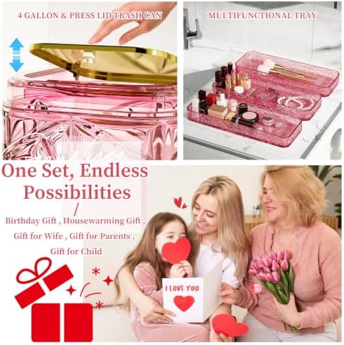 Bathroom Accessory Set, 9-Piece Pink Bathroom Set with Trash Can, Toilet Brush, Soap Dispenser, Soap Dish, Toothbrush Holder, Tumbler, Q-tip Holders & Tray, for Hotel/Apartment, Housewarming Gift - Image 5