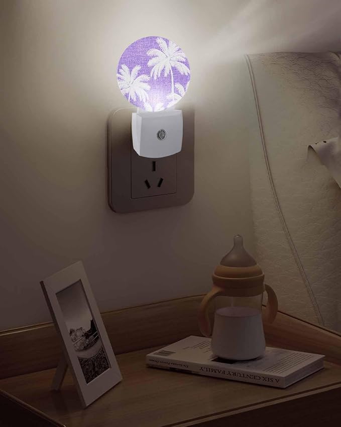 Night Lights Auto Sensor Tropical Palm Trees Night Light Purple Linen Coastal Round Lamp Plug-in LED Nightlights Dusk to Dawn for Living Room Bedroom Bathroom Hallway Wall Decor