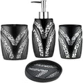 Zahari Home 4pc Sinatra Stylish Bathroom Accessories Set Black Soap Dispenser/Lotion Pump, Tumbler, Tooth Brush Holder and Soap Dish Modern Luxury Decor Bling Mosaic Glass Black Bathroom Accessories by ZahariHome