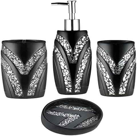 Zahari Home 4pc Sinatra Stylish Bathroom Accessories Set Black Soap Dispenser/Lotion Pump, Tumbler, Tooth Brush Holder and Soap Dish Modern Luxury Decor Bling Mosaic Glass Black Bathroom Accessories by ZahariHome