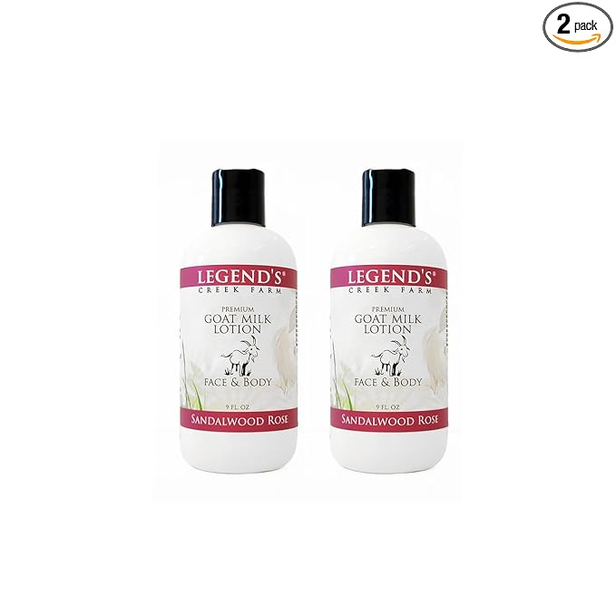 Legend's Creek Farm Goat Milk Lotion - Moisturizing Goat Milk Body Lotion for Body, Hand & Face - 9 oz Body Moisturizer with Shea Butter, Sunflower Oil, Aloe, Handmade in USA (2-Pack, Sandalwood Rose)