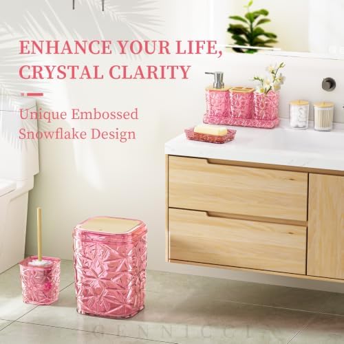 Bathroom Accessory Set, 9-Piece Pink Bathroom Set with Trash Can, Toilet Brush, Soap Dispenser, Soap Dish, Toothbrush Holder, Tumbler, Q-tip Holders & Tray, for Hotel/Apartment, Housewarming Gift - Image 3