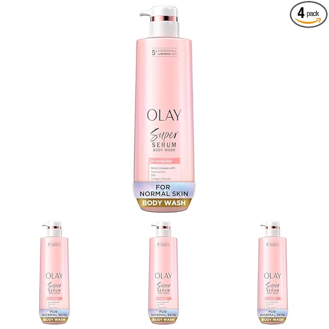 Olay Super Serum Body Wash for Normal Skin, 24hr Long Lasting Hydration, 5+ Ingredient Serum Complex for Bright Even Firm Luminous Skin, 18.5 fl oz (Pack of 4)