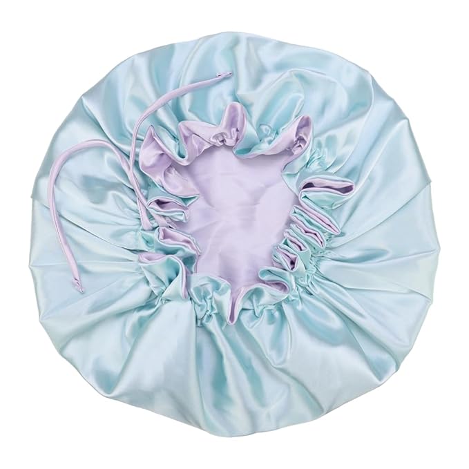 Adjustable Silk Satin Bonnet Hair Care Caps for Women Girls Loose-fitting Reversible Sleeping Cap Shower Caps Hair Wrap Bonnets (002 Lilac/Aqua)