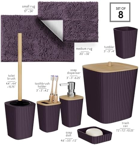 Clara Clark Bathroom Set - Purple Bathroom Accessories Set, 6PC Bathroom Accessory Set, Bathroom Sets with Bathroom Rugs, Toilet Brush, Trash Can & Soap Dispenser - Image 2