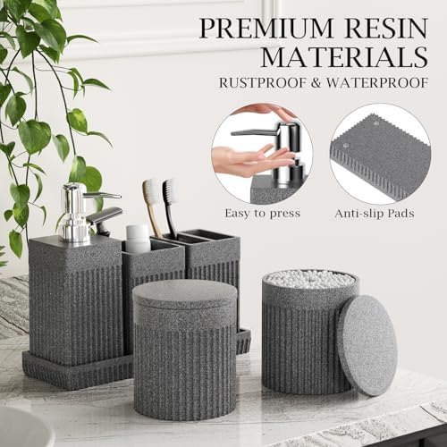 6-Piece Bathroom Set Grey - Stone Textured Resin Bathroom Organizer with Soap Dispenser, Toothbrush Holder, Vanity Tray, Tumbler & Cotton Swab Jars for Small Spaces - Image 4