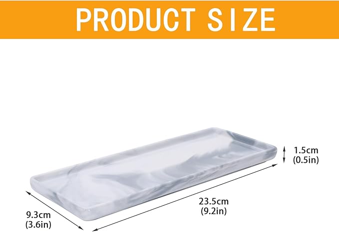 Bathroom Counter Organizer, 9.3"x3.7" Ceramic Bathroom Tray, Rectangle Decorative Tray Vanity Tray, Candles Perfume & Jewelry Storage for Spa, Bedroom, Kitchen (Marble Gray)