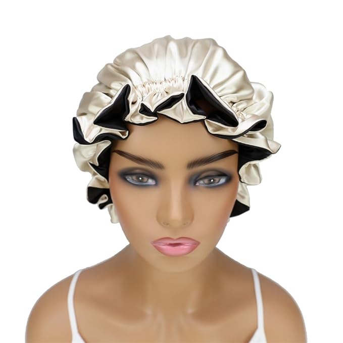 Adjustable Silk Satin Bonnet Hair Care Caps for Women Girls Loose-fitting Reversible Sleeping Cap Shower Caps Hair Wrap Bonnets (004 Black/Beige)