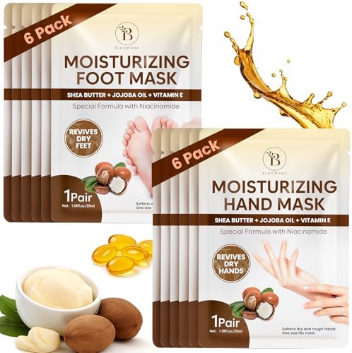 BLOOMORA Moisturizing Hand & Foot Mask Set with Shea Butter, Jojoba Oil & Vitamin E, Foot Mask for Dry Cracked Feet & Hand Moisturizer Gloves, 6 Hydrating Socks, 6 Moisturizing Gloves (6 pairs each) by Bloomora