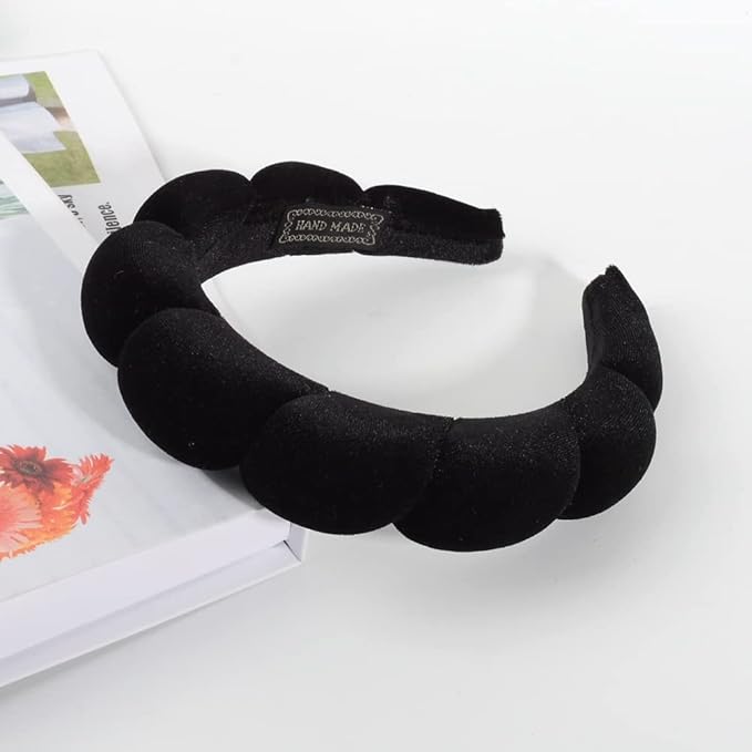 Luckybear Spa Headband for Washing Face, Velvet Makeup, Bubble Skincare With Face Wash Wristbands, Sponge Puffy for Women Skin Care - Black