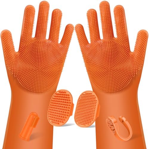 Augwind 6PCS Grooming & Bath Supplies for Dogs, Cats | Dog Washing Gloves | Dog Bath Brush | Dog Shower Brush | Pet Grooming Gloves | Dog Grooming kit | Pet Supplies for Showerhead & Sprayer (Orange) by Augwind