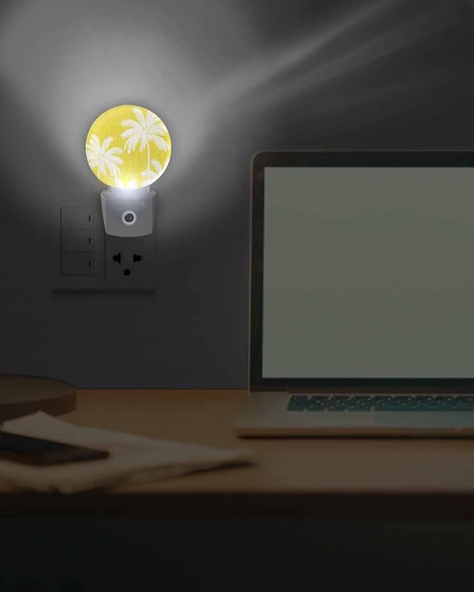 Night Lights Auto Sensor Tropical Palm Trees Night Light Yellow Linen Coastal Round Lamp Plug-in LED Nightlights Dusk to Dawn for Living Room Bedroom Bathroom Hallway Wall Decor