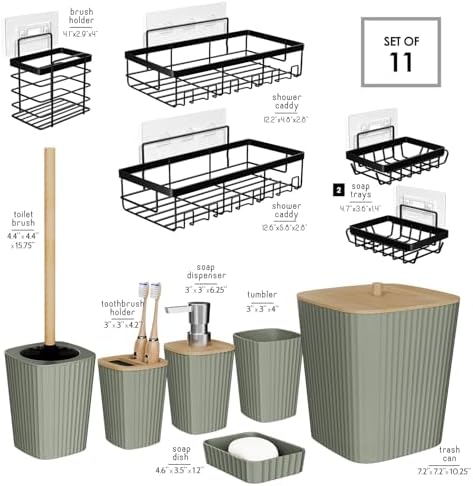 Clara Clark Bathroom Set - Sage Green Bathroom Accessories Set, 6PC Bathroom Accessory Set, Bathroom Sets with Adhesive Corner Shower Caddy Hanging, Toilet Brush, Trash Can & Soap Dispenser - Image 2