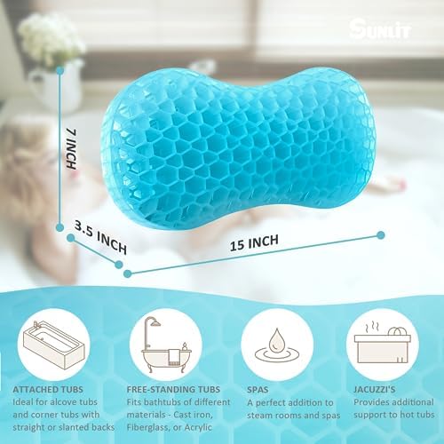 Sunlit Bath Jello Mini Gel Bath Pillows, Lumbar Pillow for Bathtub, Back Support Pillow, Gel Pillow with Non-Slip Suction Cups for Lumbar, Back Rest Support, Fits Curved or Straight Back Tubs, Aqua - Image 3