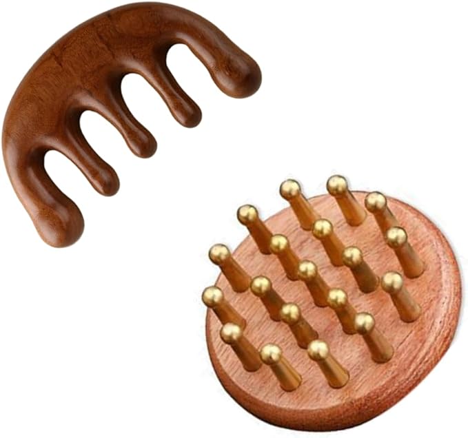 Wooden Scalp Massager & Hair Scrubber - Manual Head Massager with Sandalwood for Scalp Care, Portable Handheld Hair Growth Tool, Comfier Scalp Relaxation Brush for Stress Relief & Spa (Two-Piece Set)