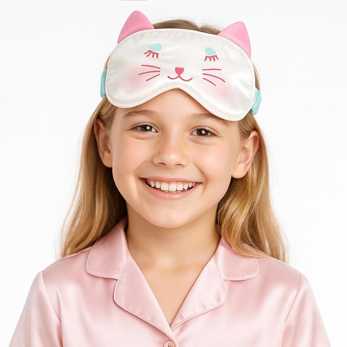 Orose Kids Silk Sleep Mask Cute Adjustable Original Design for Boys & Girls, Double-Sided Mulberry Silk, Cartoon Pattern, Toddler Eye Mask (Cat)