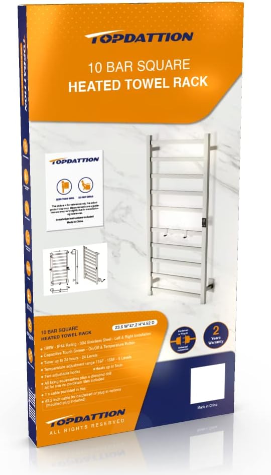 Topdattion Smart Wireless Electric Towel Warmer | Blade Thin 10 Bar Design | Hardwired & Plug-in | Alexa & Google Home Compatible | Brushed Finish