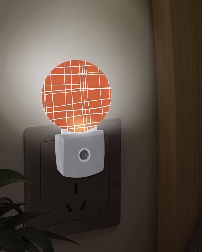 Night Lights Auto Sensor Orange Checked Plaid Night Light Minimalist Grid Lines Round Lamp Plug-in LED Nightlights Dusk to Dawn for Living Room Bedroom Bathroom Hallway Wall Decor