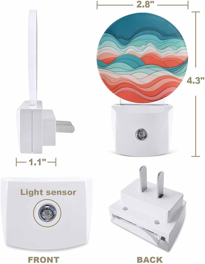 Night Lights Auto Sensor Ombre Turquoise Pink Night Light Abstract Mountain Waves Lines Round Lamp Plug-in LED Nightlights Dusk to Dawn for Living Room Bedroom Bathroom Hallway Wall Decor
