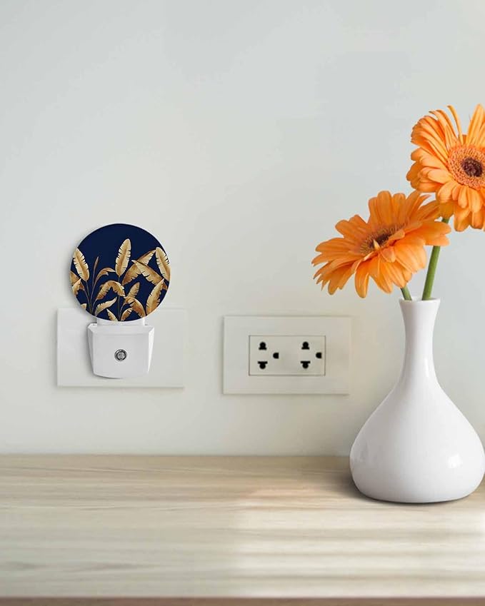Night Lights Auto Sensor Golden Foliage Night Light Navy Blue Minimalist Leaf Round Lamp Plug-in LED Nightlights Dusk to Dawn for Living Room Bedroom Bathroom Hallway Wall Decor