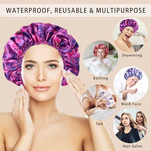 Shower Caps for Women, 4 PCS Reusable Waterproof Bath Cap - Image 2