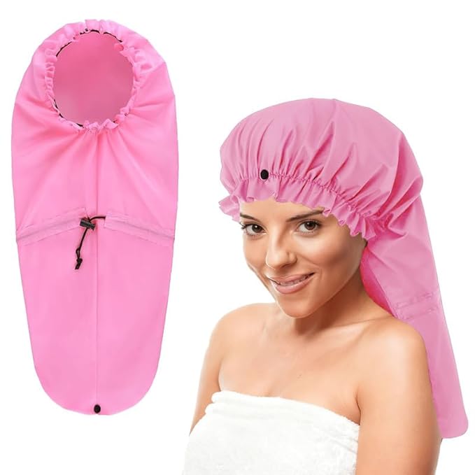 ELEBOX Extra Large Shower Cap for Braids/Curly Hair/Dreadlock | Reusable Waterproof Long Bonnets for Women Bath/Swim/Cooking/Cleaning/Spa | XL Bathing Cap with Adjustable Drawstring & Button, Pink