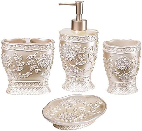 Zahari Home 4pc Rose Vine Bathroom Accessories Sets Lotion Pump, Tumbler, Tooth Brush Holder and Soap Dish Unique Design Beige Bathroom Set by ZahariHome