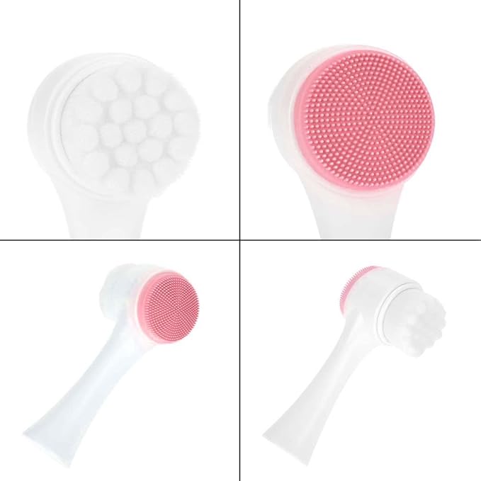 Fashionable 3D Double Face Brush for Deep Cleansing and Facial Massage – Exfoliating Silicone Brush Tool in Pink for Makeup Removal