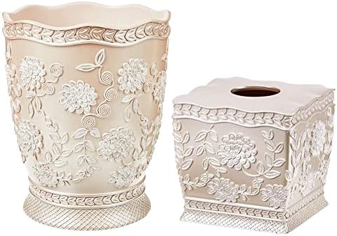 Zahari Home 2pc Rose Vine Bathroom Set Waste Basket & Tissue Cover Modern Classic Decor Stylish Unique Design Beautiful Beige Bathroom Accessories Set by ZahariHome