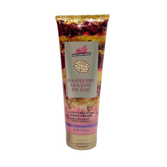 Bath & Body Works MILK Collections RASPBERRY HOLIDAY PIE BAR Diamond Shimmer Mist, Fine Fragrance Mist & Ultimate Hydration Body Cream 3pc bundle with a Red Bow for Holidays & Gifts