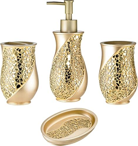 Zahari Home 4pc Sinatra Stylish Bathroom Accessories Set Champagne Gold Soap Dispenser Pump, Tumbler, Tooth Brush Holder and Soap Dish Modern Decor Bling Mosaic Glass Gold Bathroom Accessories - Image 4