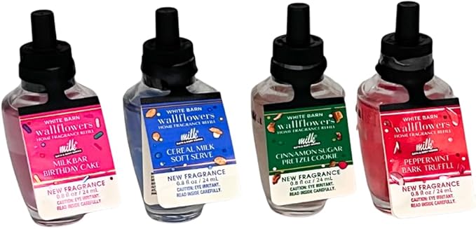 Bath & Body Works MILK BAR Collections 2025 Wallflowers Refills – Birthday Cake, Cereal Milk Soft Reserve, Cinnamon Sugar Pretzel Cookie, Peppermint Bark Truffle – 4pc Gift Set