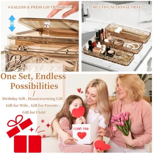 Bathroom Accessory Set, 9-Piece Brown Bathroom Set with Trash Can, Toilet Brush, Soap Dispenser, Soap Dish, Toothbrush Holder, Tumbler, Q-tip Holders & Tray, for Hotel/Apartment, Housewarming Gift - Image 6