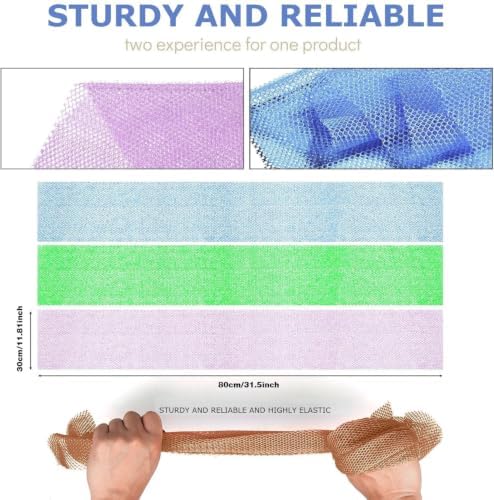 UJFQBH 3 Pieces African exfoliating net African Net Long Net Bath Sponge Exfoliating Shower Body Scrubber Back Scrubber Skin Smoother,Great for Daily Use (Purple, Blue, Green) - Image 3
