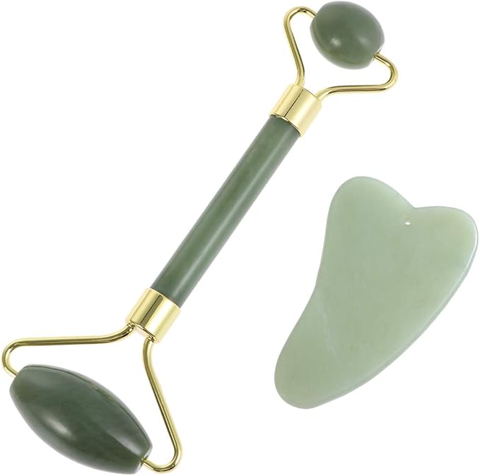 rosenice Jade Beauty Vessel Gua Sha Massage Tool Set with Roller and Scraping Plate for Facial and Neck Muscle Relief 5.90X1.96X1.18In Green-Set